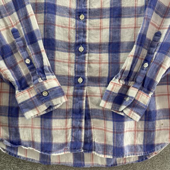 LLBean Top Womens S Blue Plaid Linen Button Up Shirt Long Sleeve Collared - Picture 5 of 14